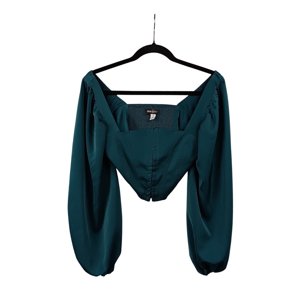 Urban Outfitters Teal Satin Smocked Corset Long Sleeve‎ Crop Top Women's Small
